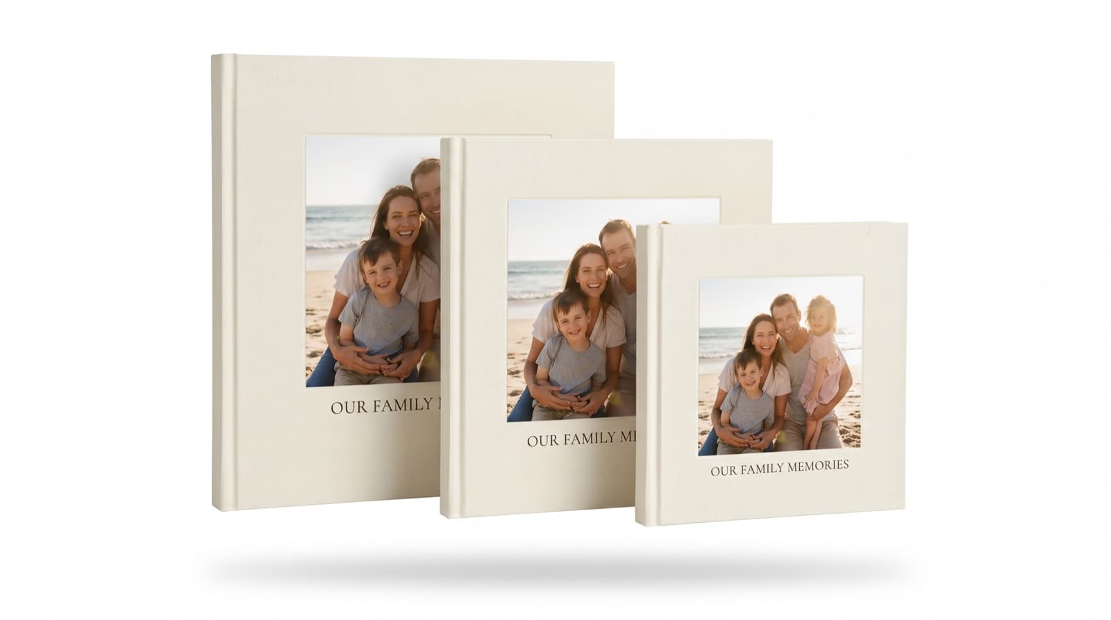 Three remembr hardcovers in different sizes, each with a family beach photo on the cover