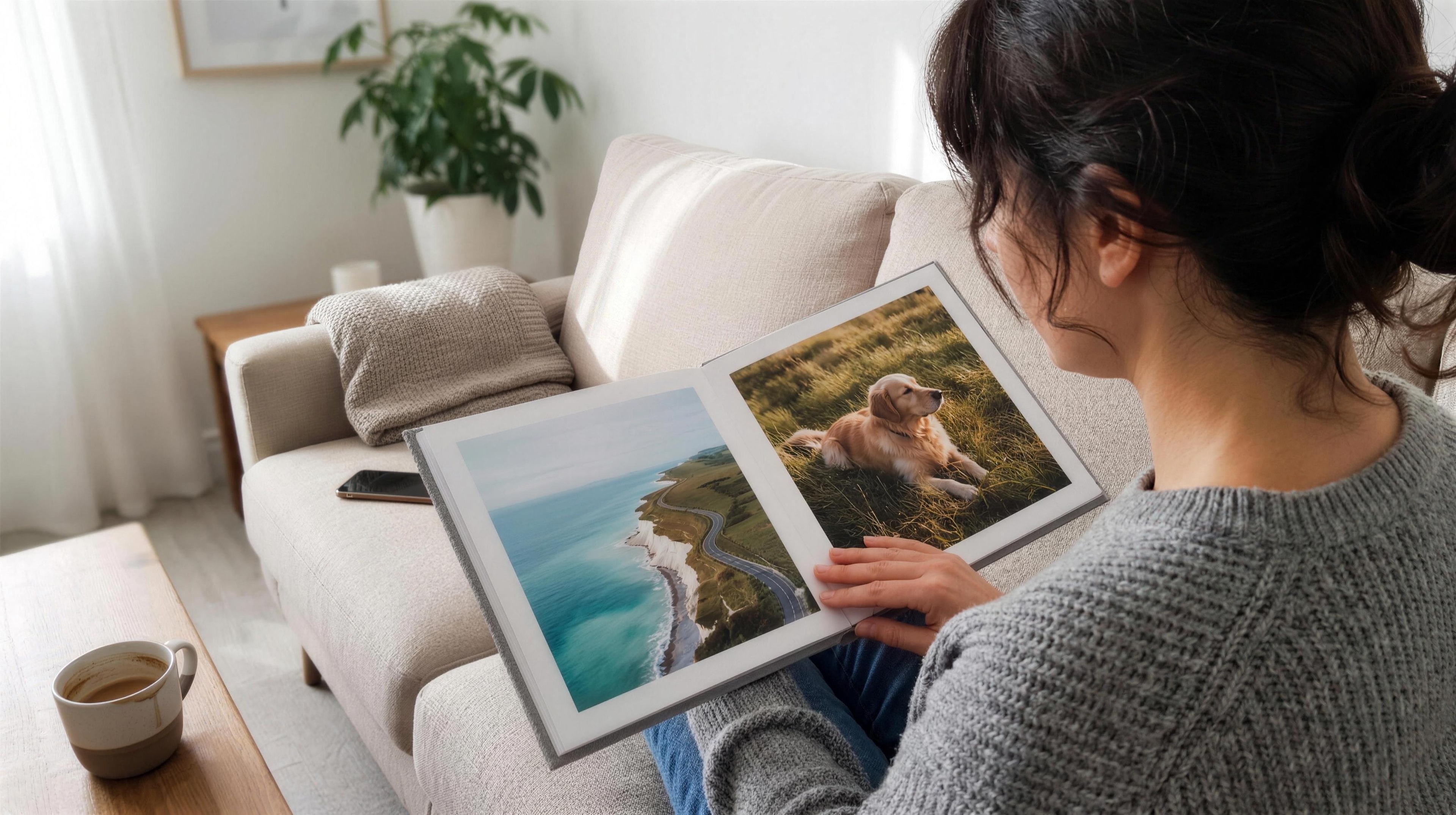 A woman on a sofa looking through an open photo book of a coastline and a dog in long grass